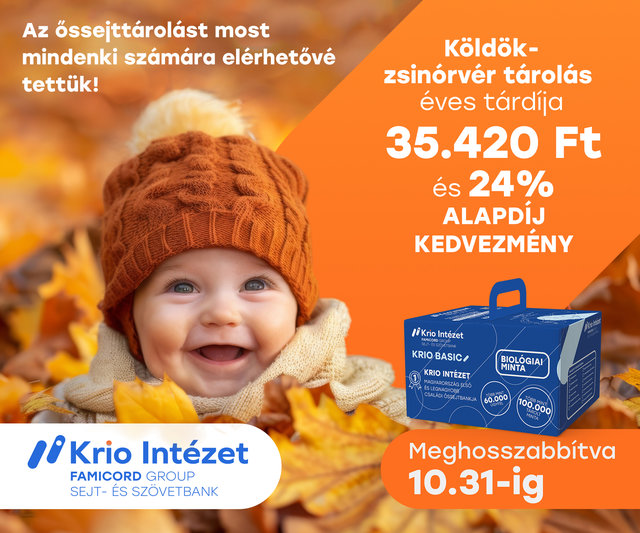 Az őssejttárolást most mindenki számára elérhetővé tettük! Köldökzsinórvér-tárolás éves tárolási díja 35.420 Ft és 24% alapdíj-kedvezmény, meghosszabbítva október 31-ig. Mosolygó baba őszi falevelek között, mellette a Krio Basic csomag.